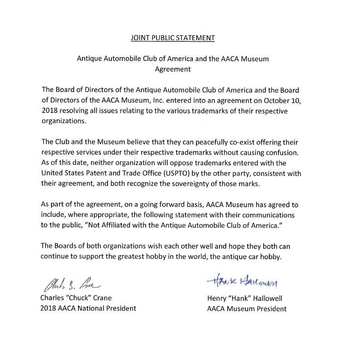 AACA & AACA Museum Joint Public Statement