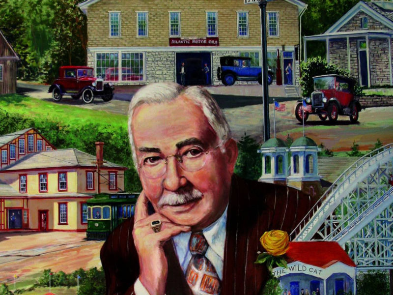 Milton S. Hershey with Hershey mural of the 1920s