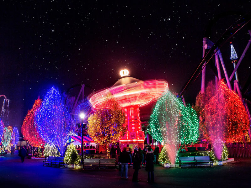 Lighted rides and trees at Hersheypark's Christmas Candylane